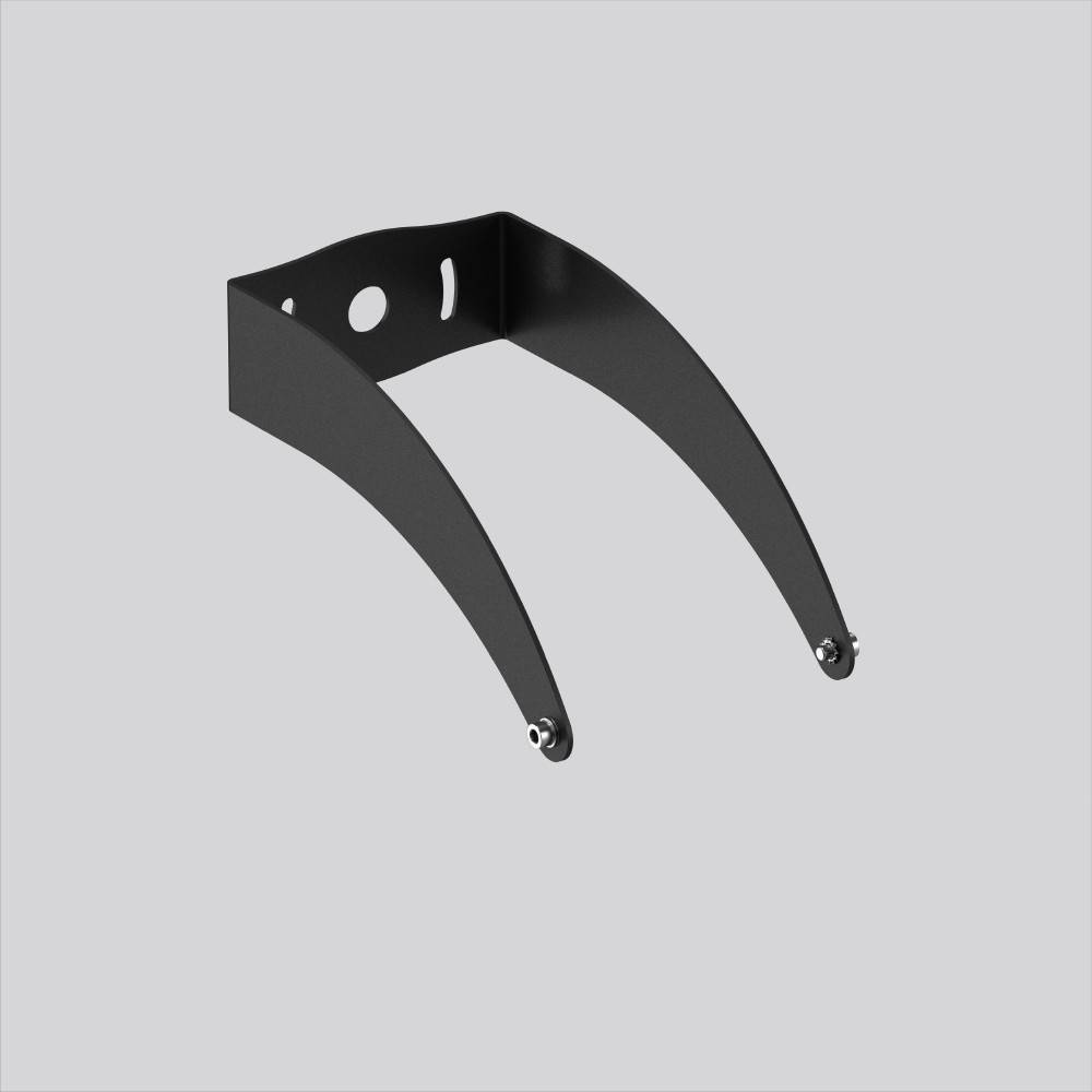 Eine schwarze, U-förmige Metallhalterung mit Befestigungslöchern, vor einem hellgrauen Hintergrund positioniert.