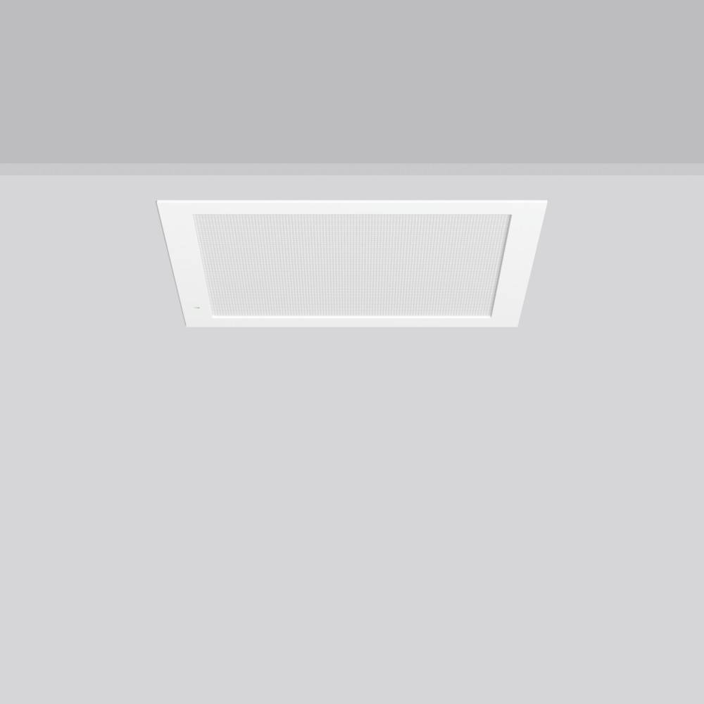 Ein weißer rechteckiger Lüftungsschacht ist in einer Decke installiert, mittig vor einem grauen Hintergrund positioniert.