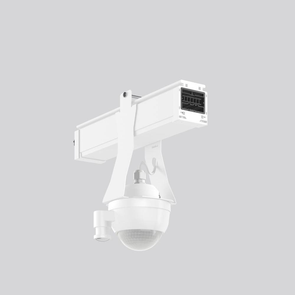 Eine weiße, an der Decke montierte Sicherheitskamera-Vorrichtung wird vor einem hellgrauen Hintergrund präsentiert, mit einem modernen Design für die Innenraumüberwachung.