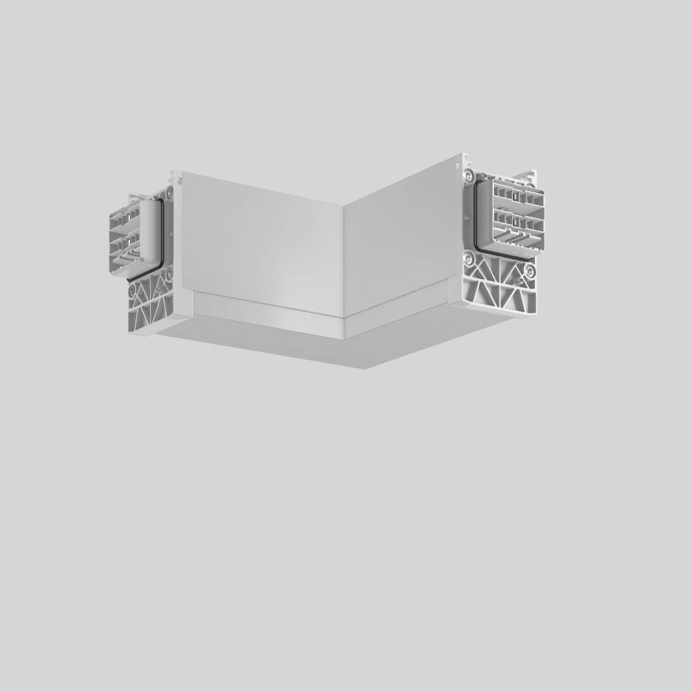Eine eingelassene Eck-LED-Leuchte mit modernem rechteckigem Design, die vor einem einfarbigen grauen Hintergrund präsentiert wird.
