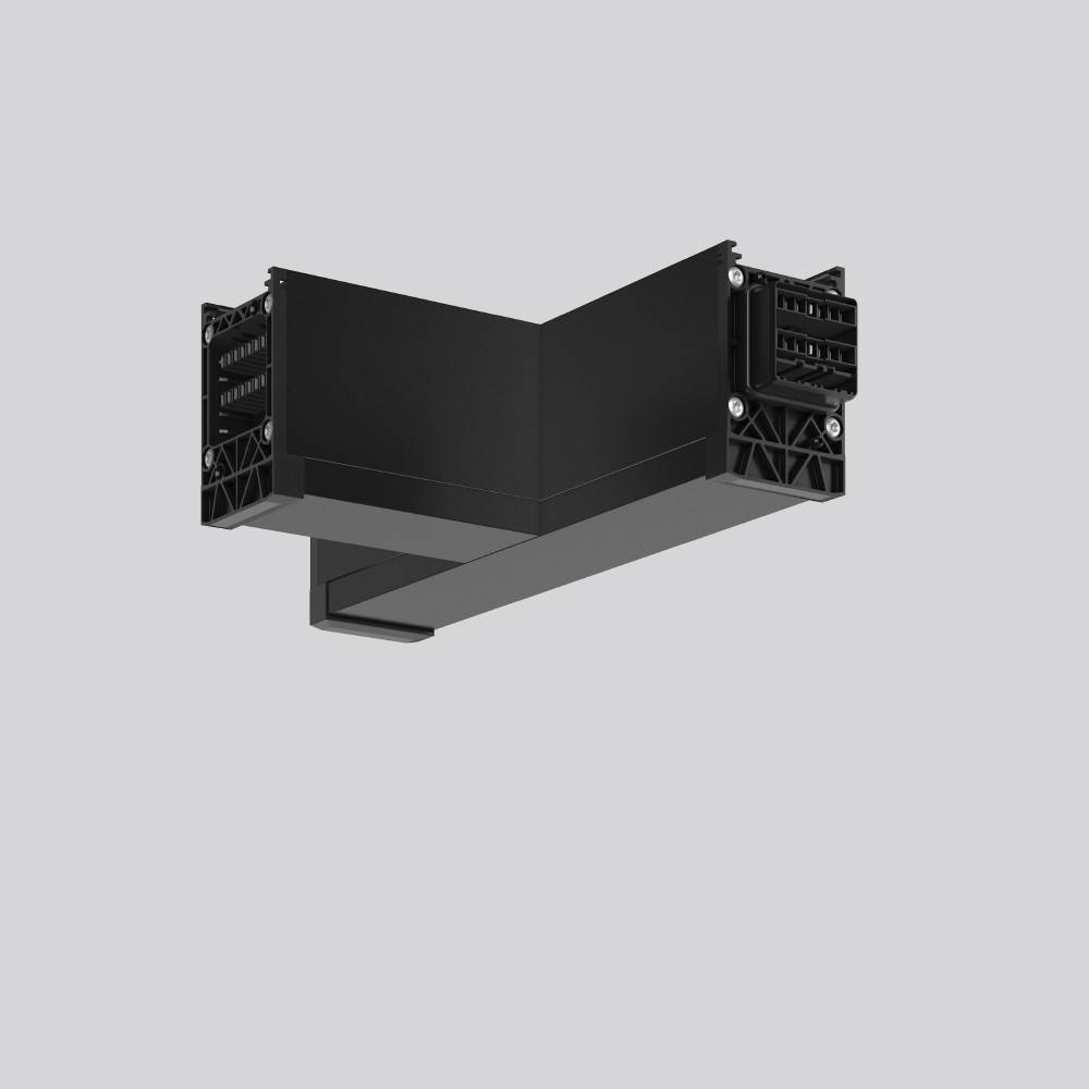 Eine schwarze, L-förmige architektonische Vorrichtung mit komplexen seitlichen Details, die vor einem schlichten grauen Hintergrund platziert ist.