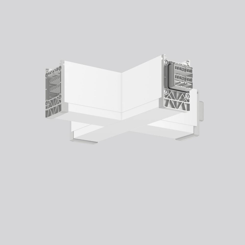 Ein weißes, L-förmiges architektonisches Beleuchtungsprofil mit komplexen internen Strukturen ist zu sehen, das für Deckeninstallationen konzipiert ist.