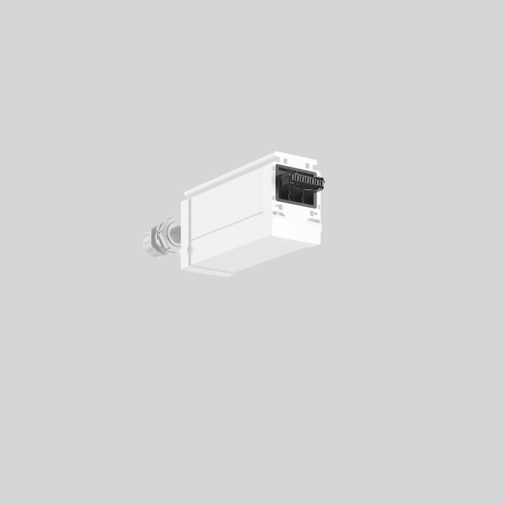 Ein kleines elektronisches Gerät mit einer Steckdose und einem Kabelanschluss auf einem grauen Hintergrund, möglicherweise für Netzwerk- oder elektrische Zwecke.