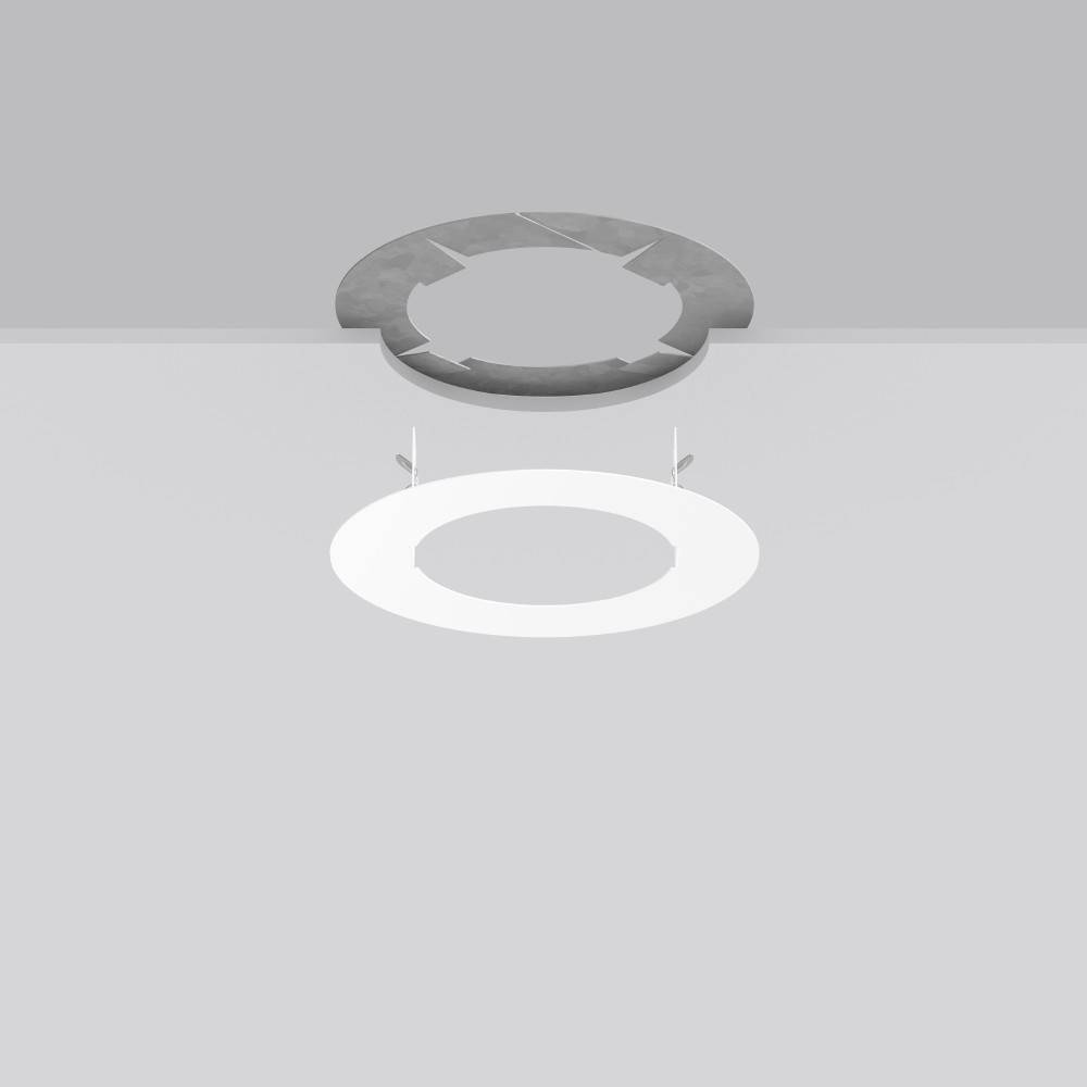 Ein kreisförmiger, weißer und silberner LED-Leuchtkörper mit minimalistischem Design wird vor einem neutralen Grau-Hintergrund präsentiert.