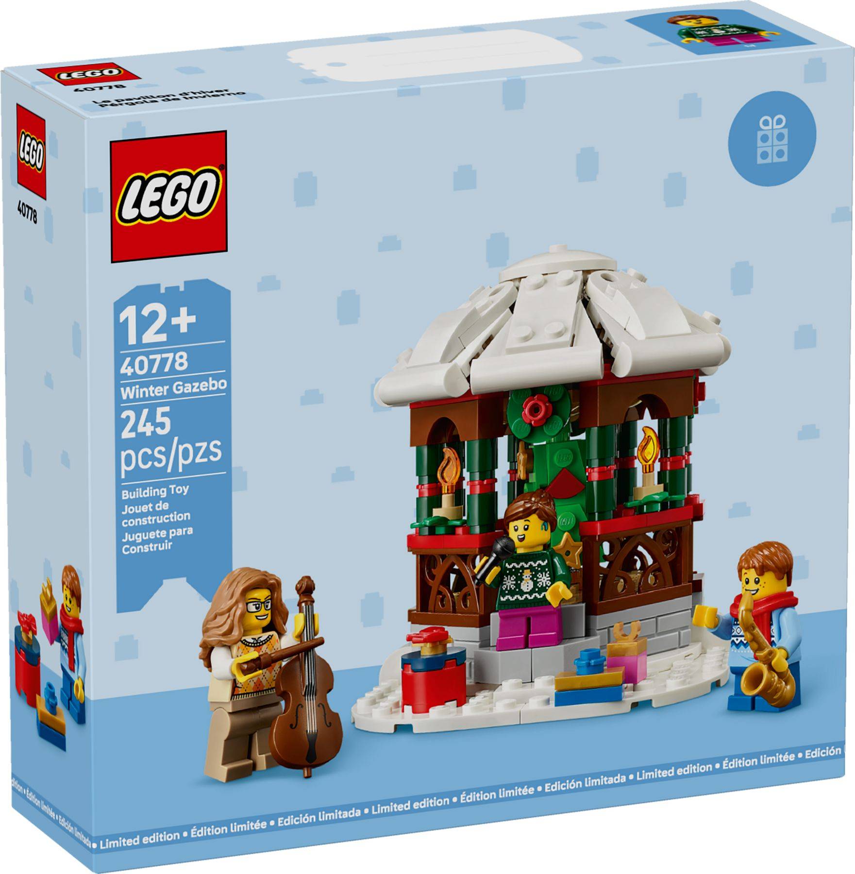 LEGO Winter-Pavillon-Set: Beinhaltet einen Pavillon mit Weihnachtsdekoration, einen Musiker mit Cello und Kinderminiaturfiguren. Alter 12+, 245 Teile.