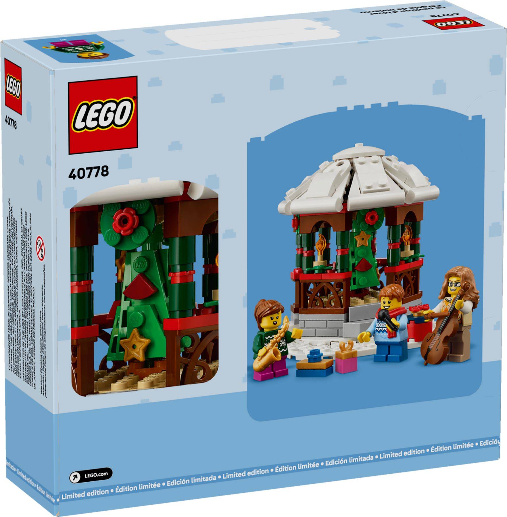 LEGO-Set 40778 Schachtel mit einer Feiertagsszene, die einen Musikpavillon, Musikinstrumente und drei Minifiguren zeigt, die Musik spielen.