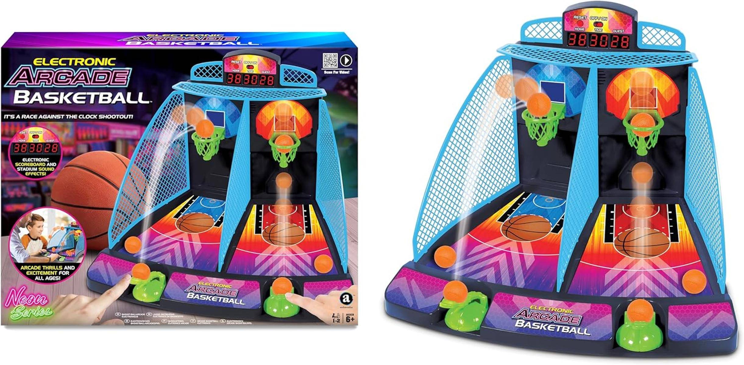 Ein elektronisches Arcade-Basketballspiel für Kinder mit Basketballkörben, Anzeigetafel und orangefarbenen Basketbällen. Das Spiel ist für Kinder ab 6 Jahren konzipiert.