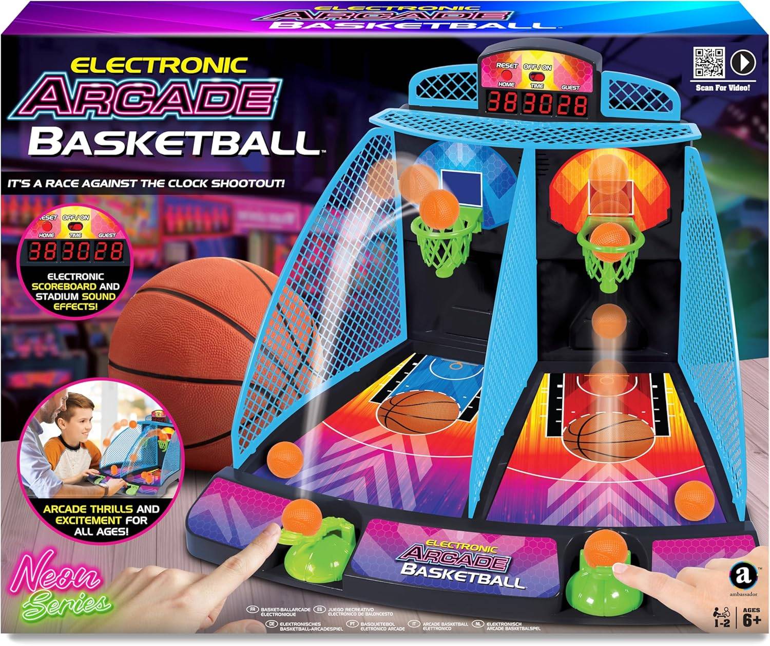 Elektronisches Arcade-Basketball-Spiel mit digitaler Basketballsimulation, Anzeigetafel, Basketballkörben und mitgelieferten Bällen. Geeignet für alle Altersgruppen.