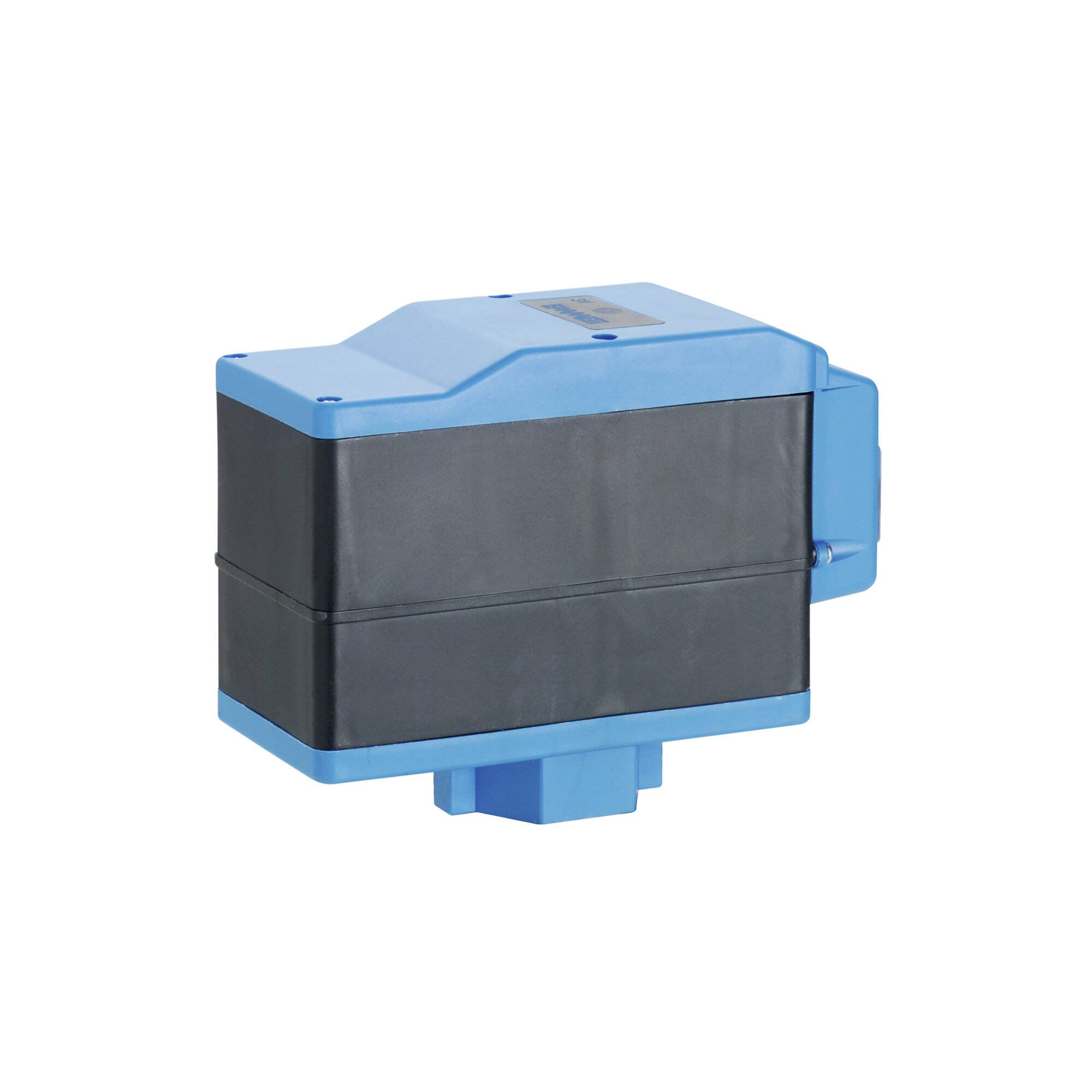 Ein blau-schwarzes Sensorgerät, wahrscheinlich eine industrielle Komponente, aus einer Seitenansicht dargestellt.