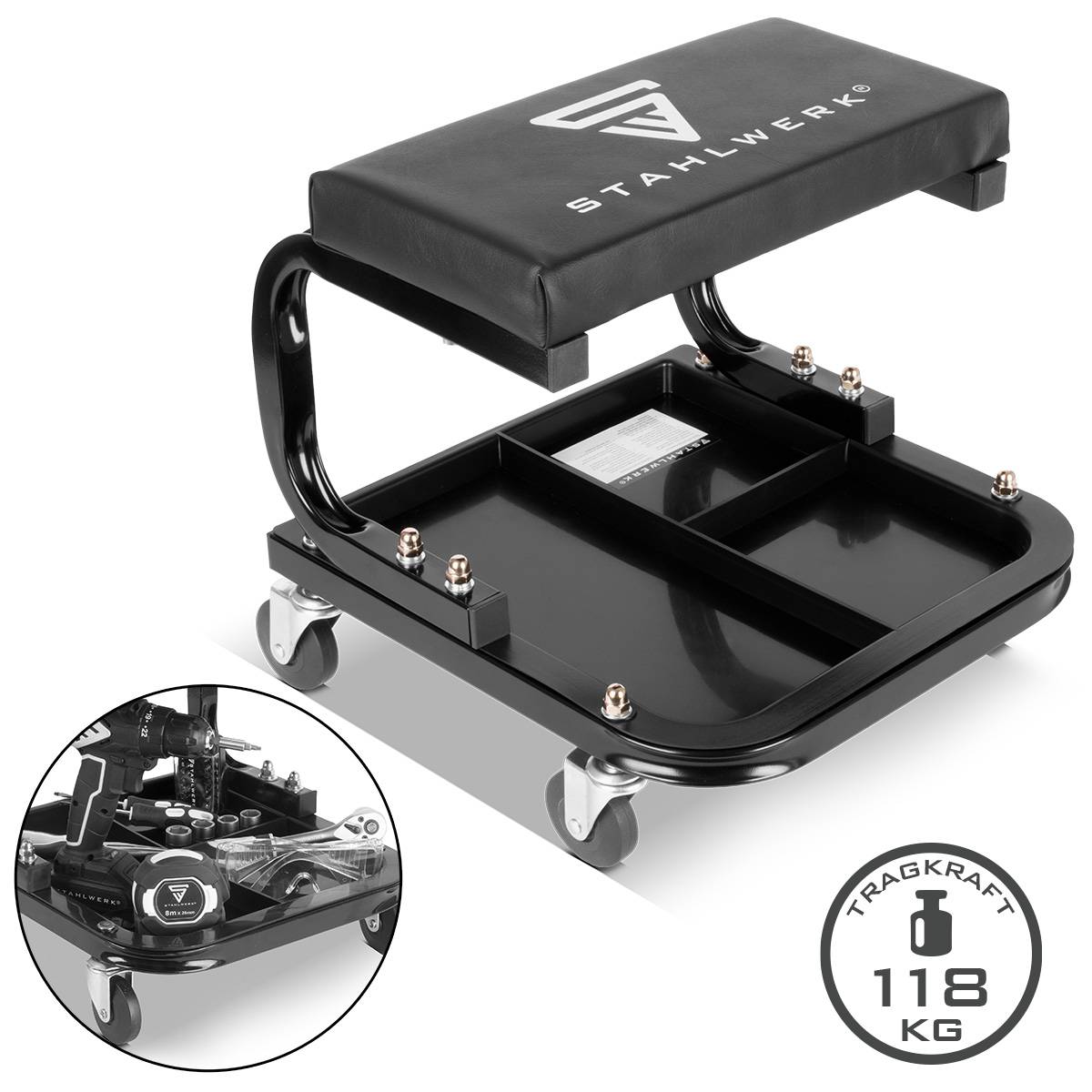 Stahlwerk' schwarzer Rollmechaniker-Stuhl mit gepolsterter Sitzfläche, Metallgestell und Rollen, unterstützt bis zu 118 kg.