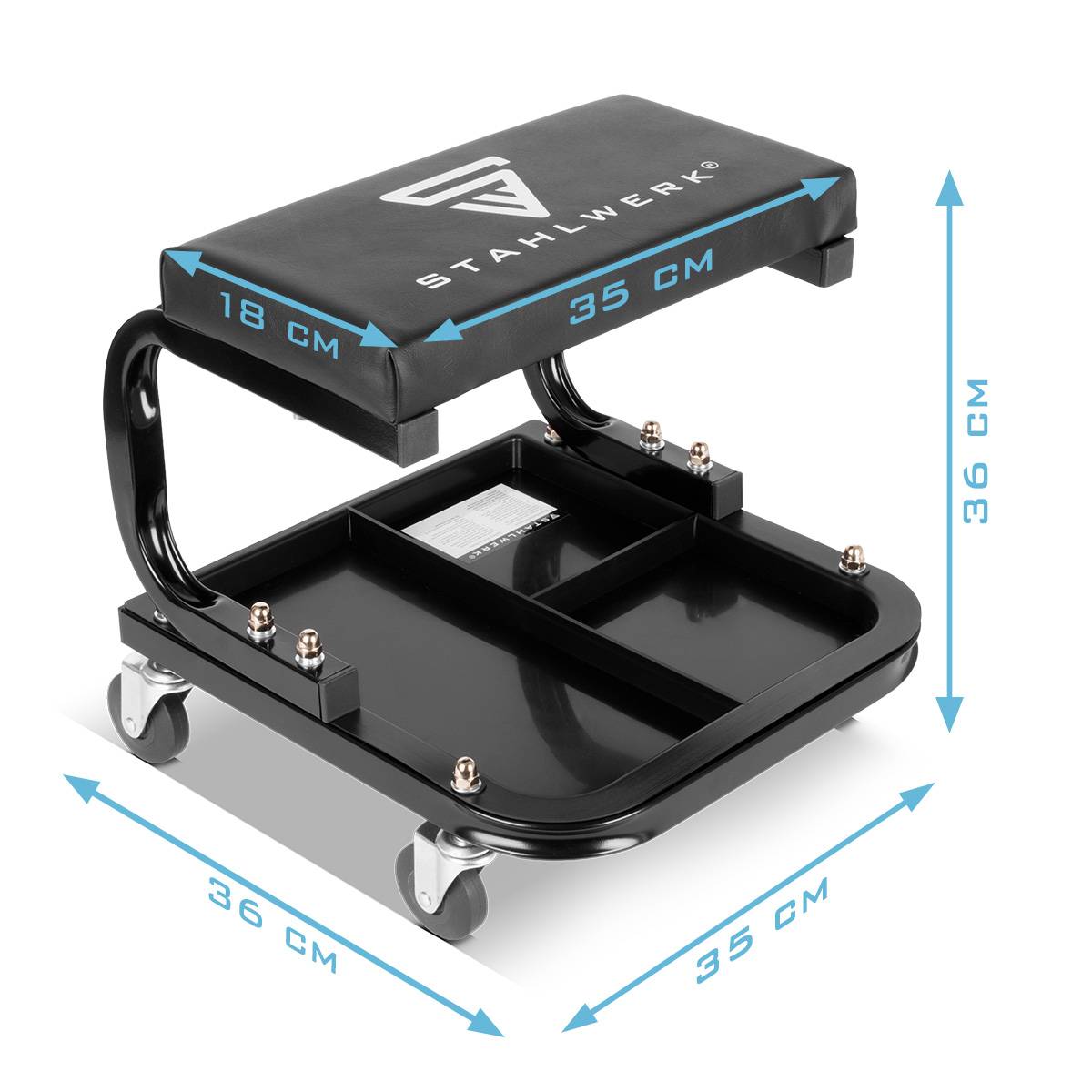Rollhocker 'Stahlwerk' mit gepolsterter Sitzfläche und Ablageraum darunter; Abmessungen angegeben: Sitzfläche 35x18 cm, Basis 35x36 cm, Höhe 36 cm.