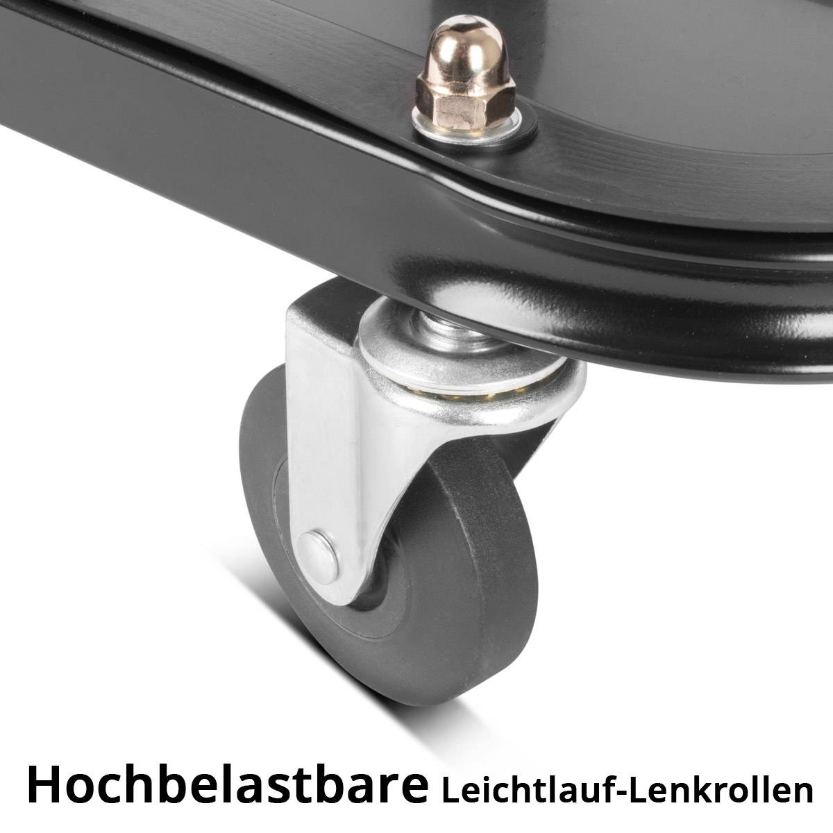 Ein robustes Laufrad ist an einem Metallrahmen befestigt, geeignet für leichtgängige Beweglichkeit. Text lautet: 'Hochbelastbare Leichtlauf-Lenkrollen.
