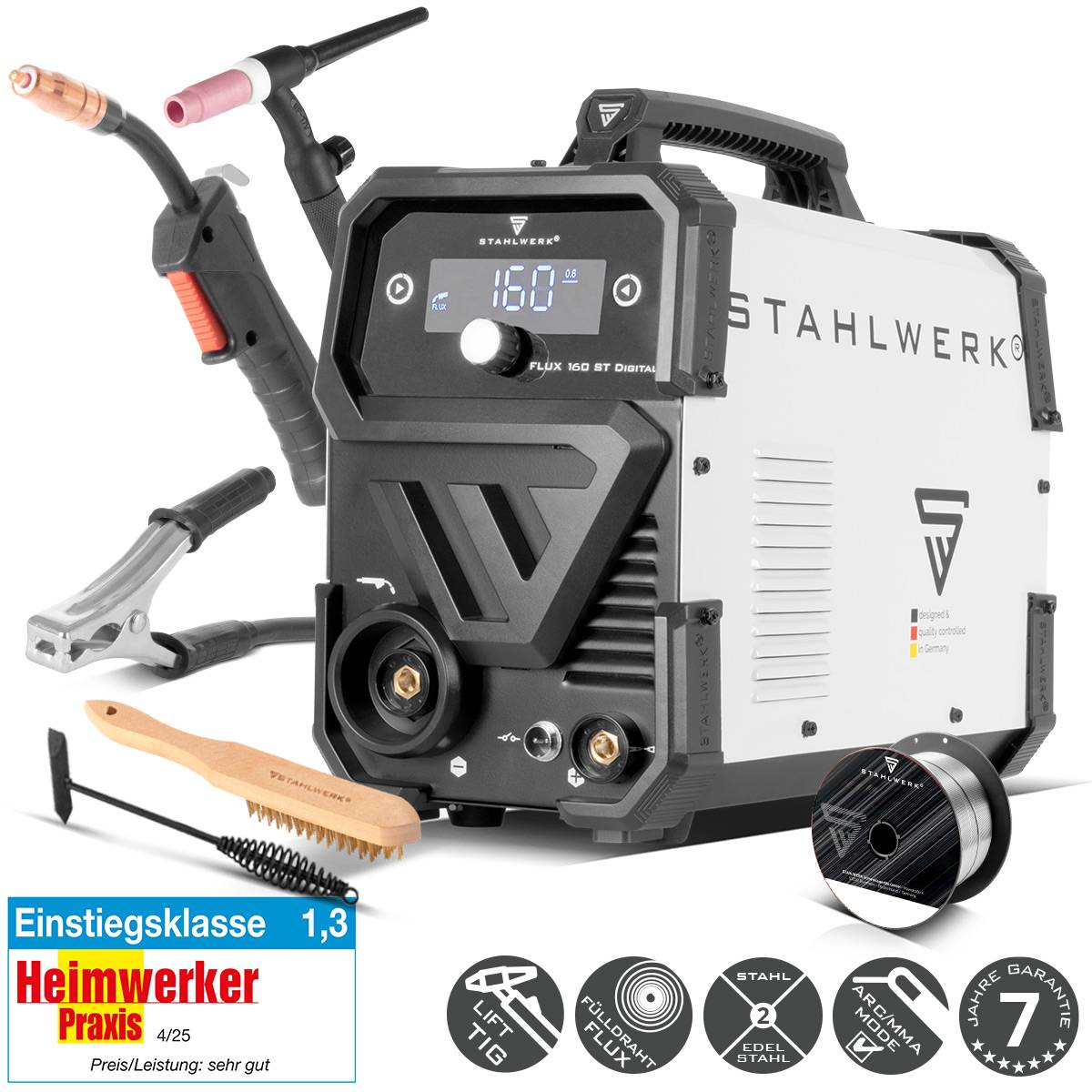 Schweißgerät der Marke 'STAHLWERK' mit digitaler Anzeige, Brenner und verschiedenen Zubehörteilen. Markenbrandlogo sichtbar. In der 'Heimwerker'-Bewertung als 'Einstiegsklasse 1,3' aufgeführt.