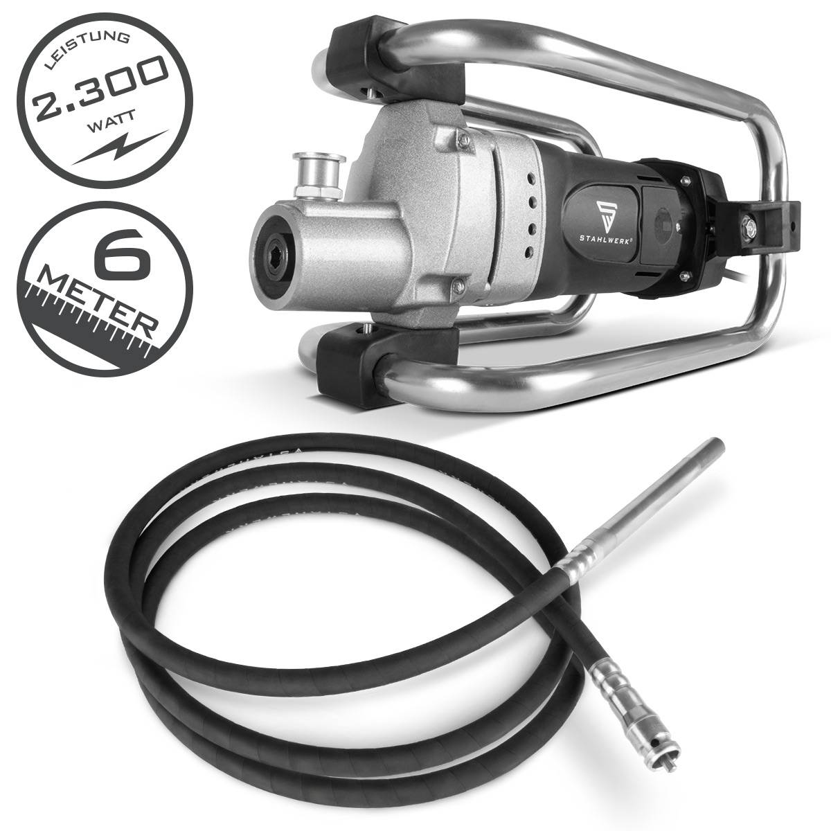 Ein Betonrüttler mit einem 2300-Watt-Motor, 6-Meter-Schlauch und Schutzrahmen. Angebrachte Abzeichen zeigen Leistung und Schlauchlänge.