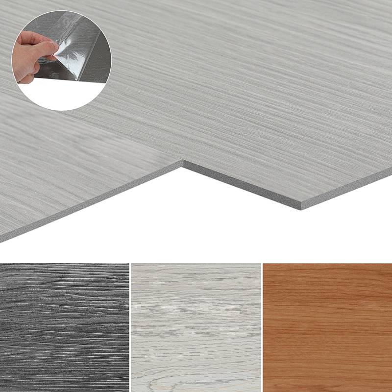 Mustermuster eines verschachtelten grauen Laminatbodens mit einer Hand, die eine Schutzfolie abzieht. Drei zusätzliche Farboptionen: Schwarz, Hellgrau, Braun.