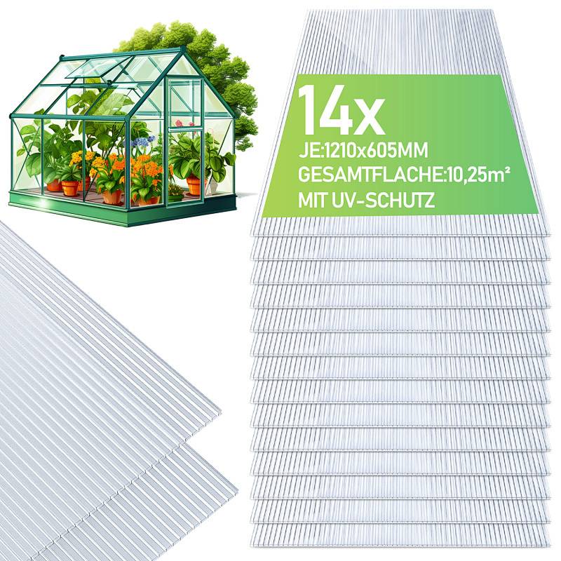 Eine grüne Gewächshaus gefüllt mit Pflanzen wird neben einem Pack mit 14 transparenten Paneelen gezeigt, beschriftet mit '1210x605MM, 10,25m², mit UV-Schutz'.