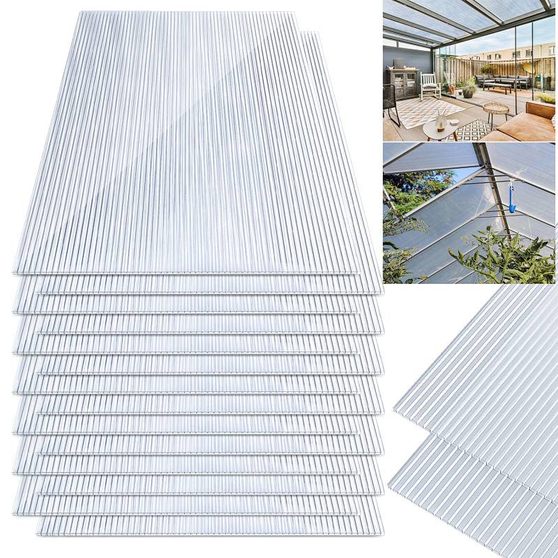 Durchsichtige Polycarbonat-Dachplatten in einem Stapel; eingefügte Bilder zeigen ihre Verwendung in einem Sonnenzimmer und einer Pergola und demonstrieren ihre Vielseitigkeit.