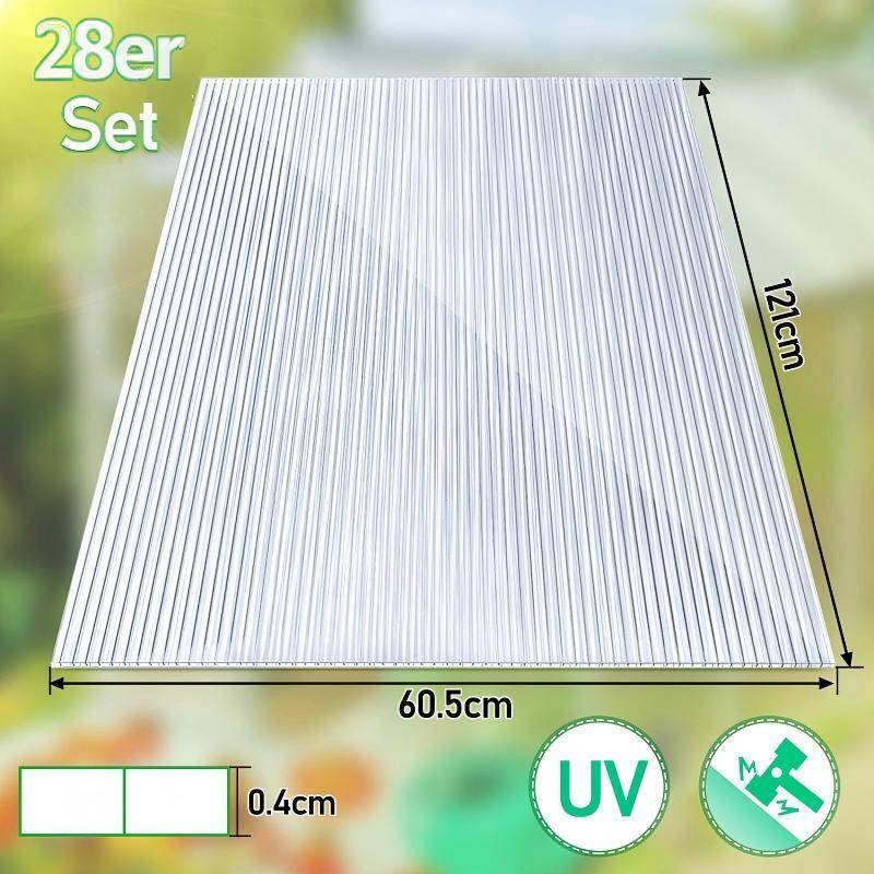 Polycarbonat-Dachplatte, gekennzeichnet als '28er Set', Abmessungen 60,5 cm x 121 cm x 0,4 cm, UV-beständig, geeignet für verschiedene Bauprojekte.