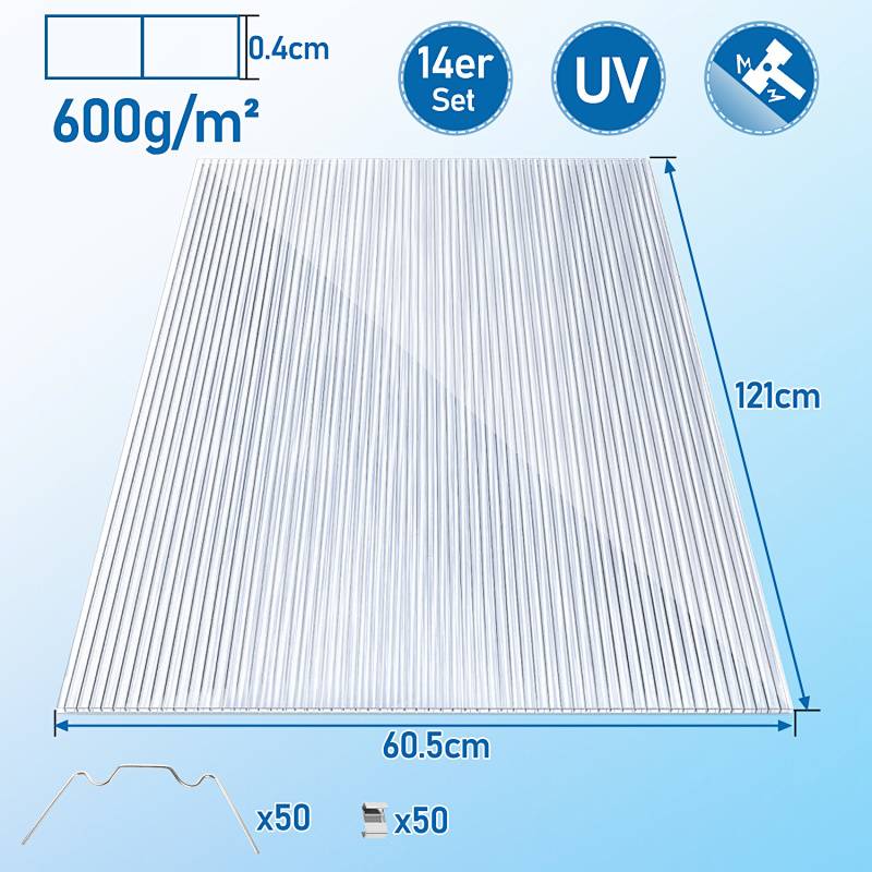 Ein Satz von 14 transparenten Paneelen, Abmessungen 60,5 cm x 121 cm, Dicke 0,4 cm, 600 g/m², UV-beständig, inklusive 50 Befestigungsclips und Verbindungselementen.