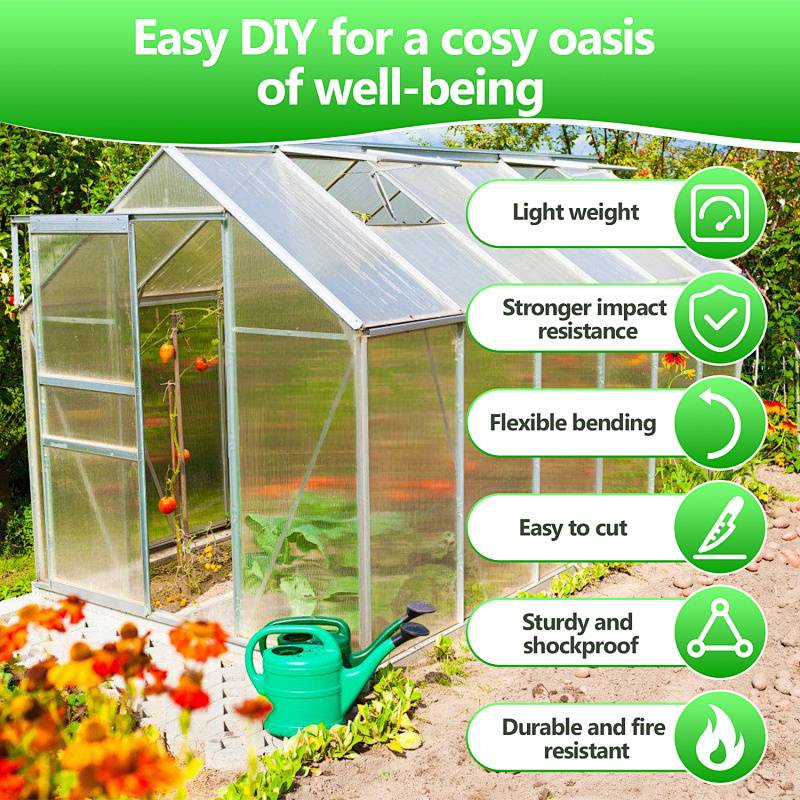 Ein Gewächshaus im Garten fördert 'Einfaches DIY für eine gemütliche Wohlfühloase'. Vorteile aufgelistet: leichtgewichtig, schlagfest, flexibel, leicht zu schneiden, robust, feuerfest.