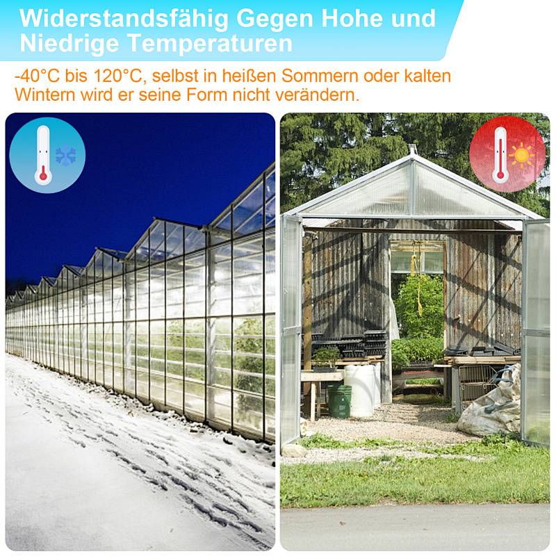 Widerstandsfähig Gegen Hohe und Niedrige Temperaturen –40°C bis 120°C, selbst im heißen Sommern oder kalten Wintern wird er seine Form nicht verändern.