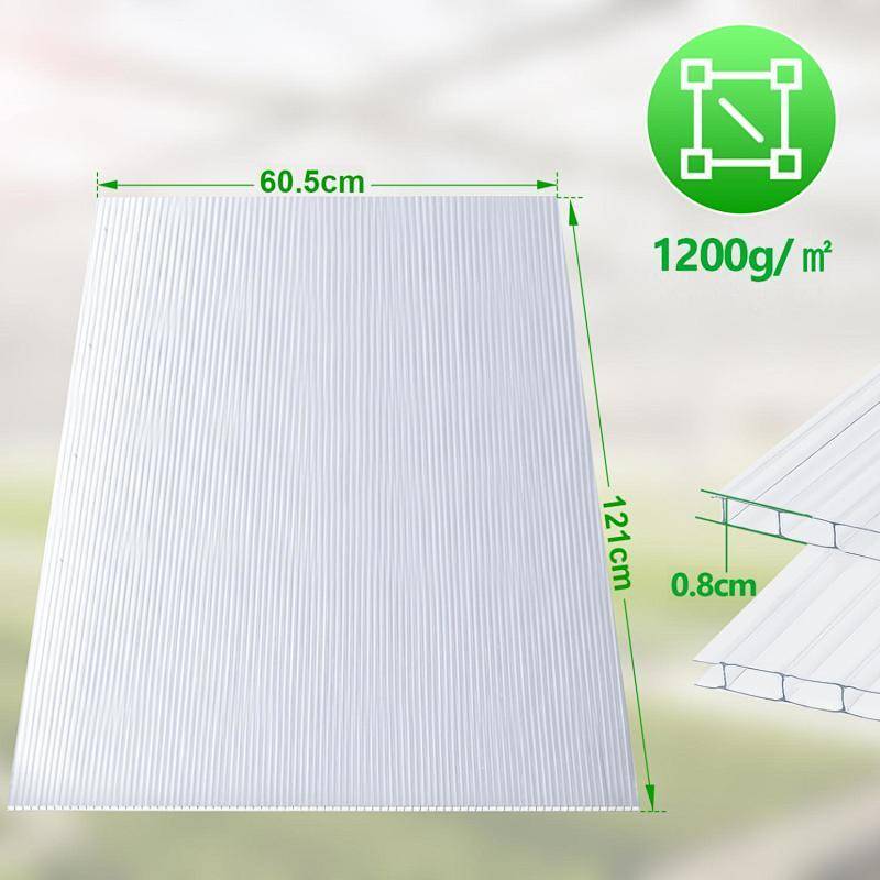 Ein gewelltes, transluzentes Panel mit den Abmessungen 60,5 cm × 121 cm, einer Dicke von 0,8 cm und einem Gewicht von 1200 g/m², zusammen mit einem Dimensionssymbol.