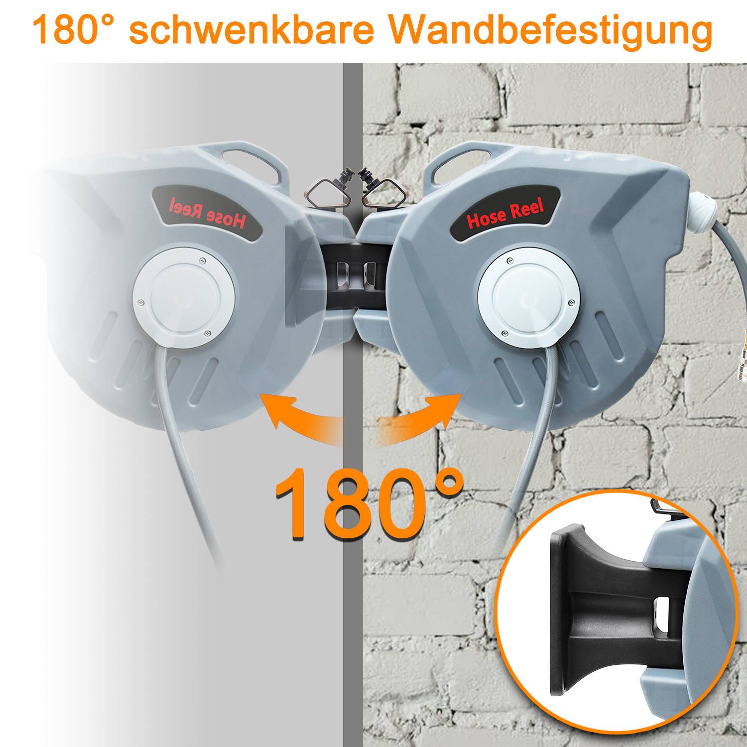 Zwei an einer Wandhalterung montierte Schlauchtrommeln drehen sich um 180 Grad, dargestellt mit Pfeilen und dem Text „180° schwenkbare Wandbefestigung".