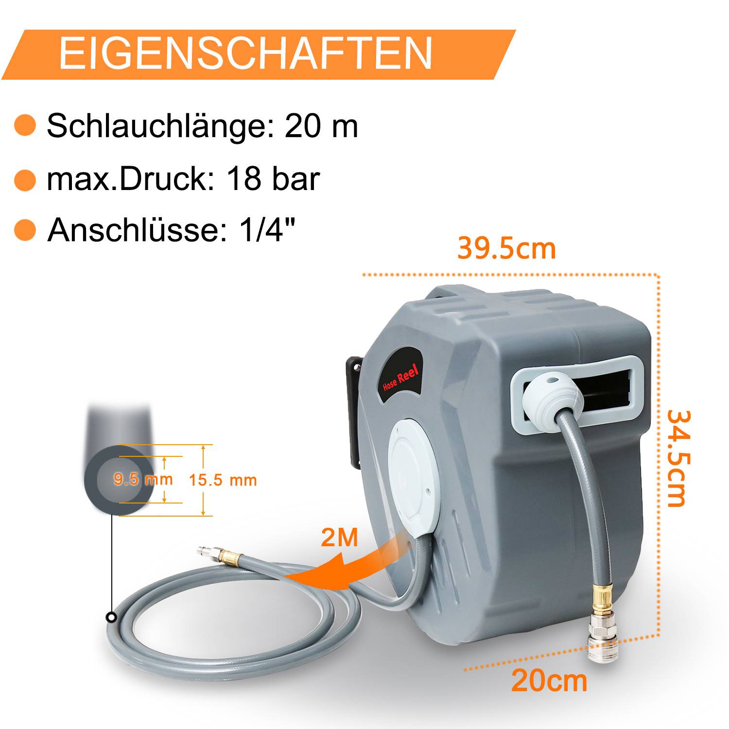 Schlauchhalter-Spezifikationen: 20m Schlauchlänge, max. Druck 18 bar, 1/4