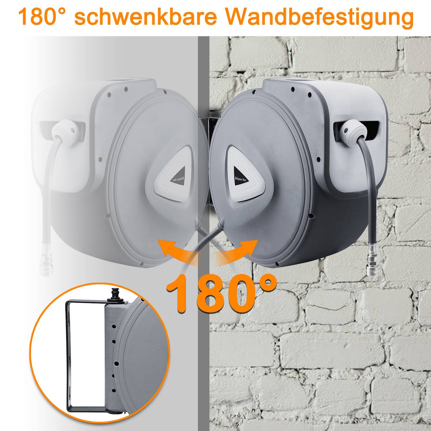 Wandmontierte Kabelrolle mit 180°-Schwenkfunktion, an einer Ziegelwand befestigt. Einschub zeigt Seitenansicht und demonstriert den Rotationswinkel.