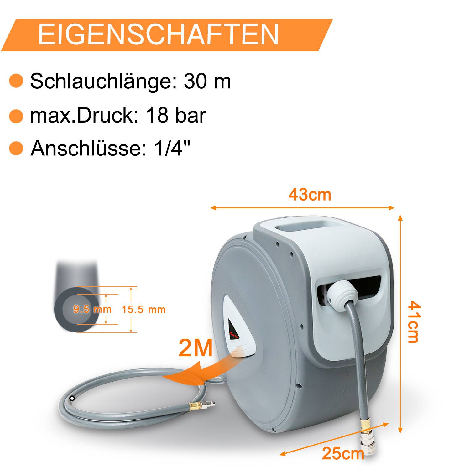 Das Bild zeigt eine Schlauchtrommel mit einem 30 Meter langen Schlauch, max. 18 bar Druck und 1/4-Zoll-Anschlüssen. Abmessungen: 43x41x25 cm, Schlauchlänge: 2m.