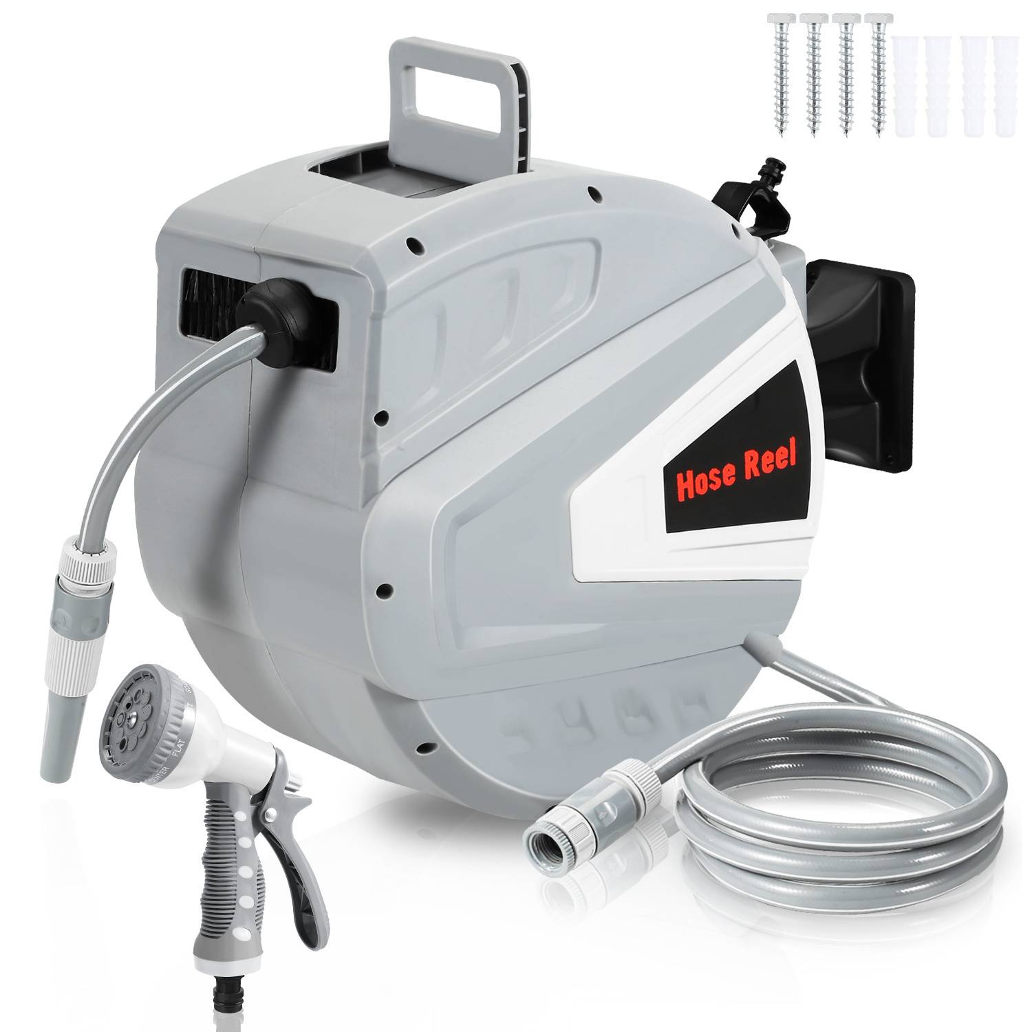 Einziehbare Schlauchrolle in Grau mit Griff und Aufschrift 