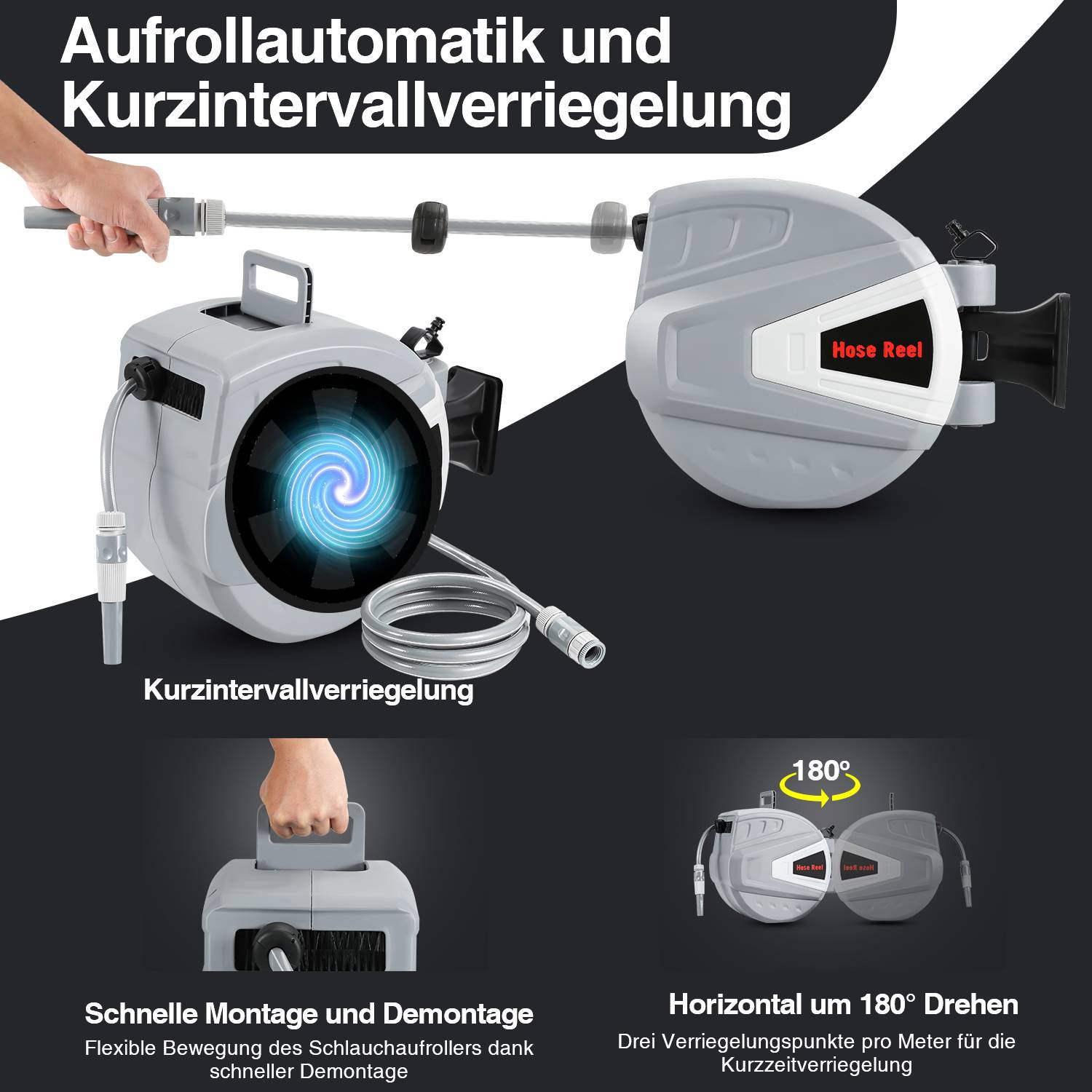 Schlauchaufroller mit Beschriftung ‚Hose Reel', ausgestattet mit einem automatischen Einzugssystem und Kurzintervall-Verriegelungsfunktionen. Beinhaltet einen 180°-Schwenkbügel und ermöglicht einfache Installation.