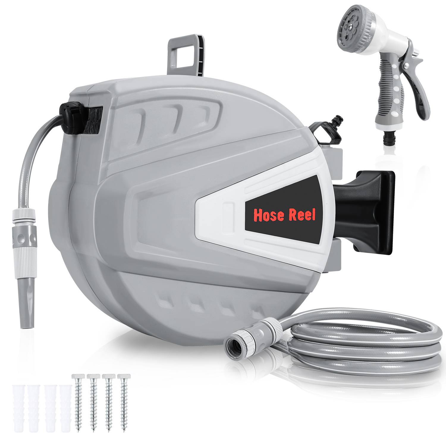 Einziehbare Schlauchtrommel-Set mit Wandhalterung, Düse und Schrauben. Der Schlauch ist aufgerollt und grau, geeignet für Gartenarbeiten.