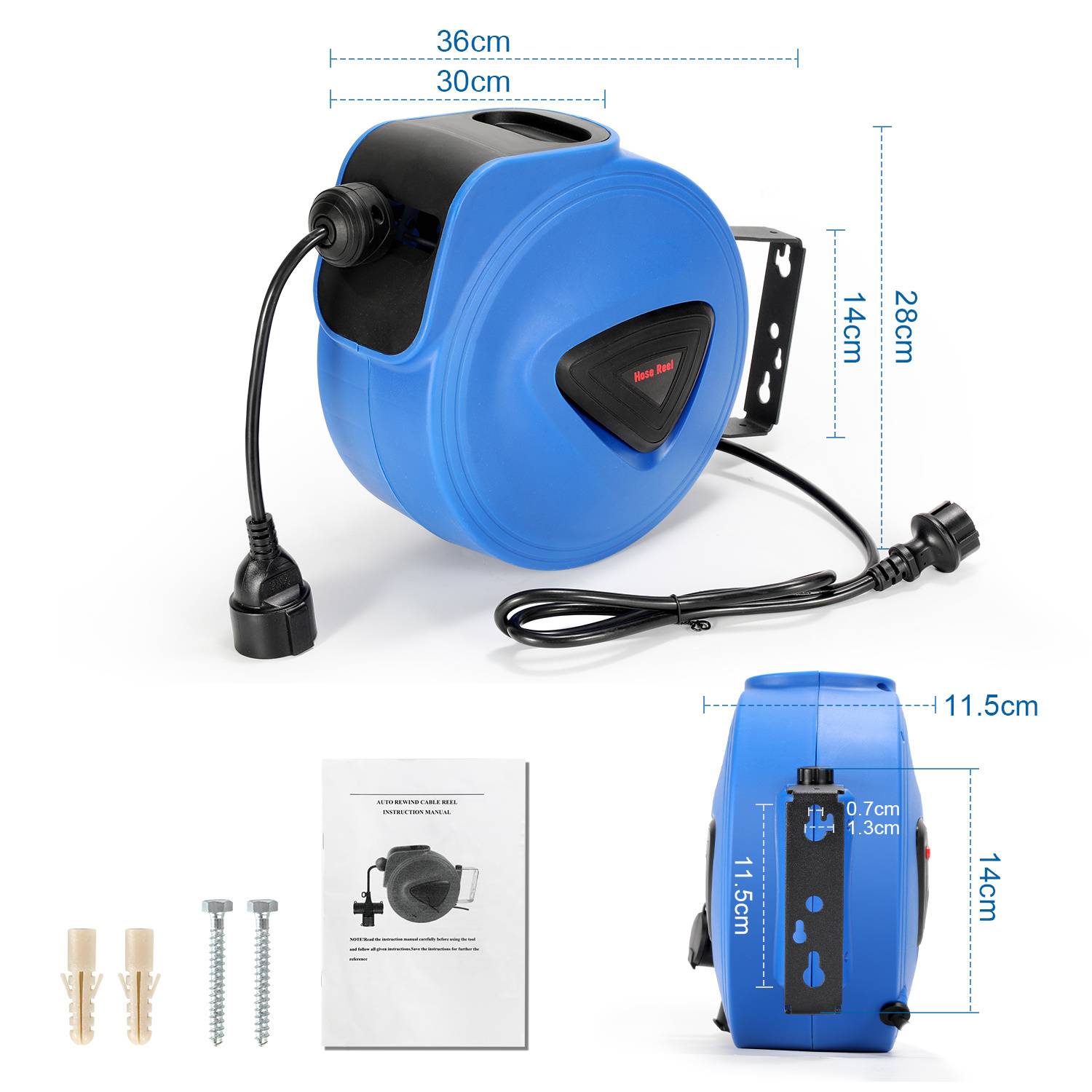 Eine blaue einziehbare Verlängerungskabelrolle mit markierten Abmessungen: 36 cm, 30 cm, 28 cm, 14 cm, 11,5 cm. Inklusive Befestigungsmaterial und Anleitung.