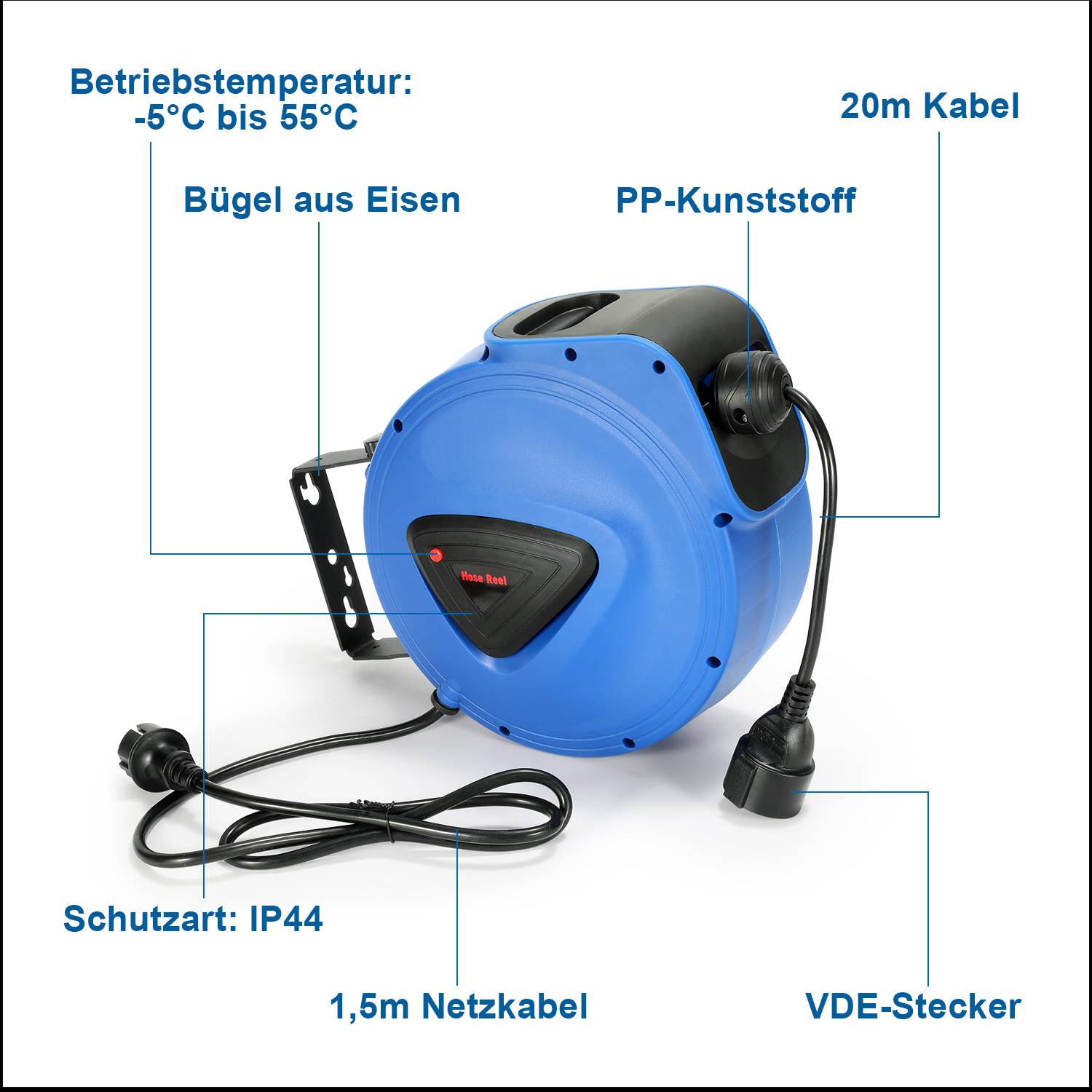 Ein blau-schwarzer einziehbarer Kabelaufroller mit dem Text: 'Betriebstemperatur: -5°C bis 55°C', 'Bügel aus Eisen', 'PP-Kunststoff', '20m Kabel', 'Schutzart: IP44', '1,5m Netzkabel', und 'VDE-Stecker'.