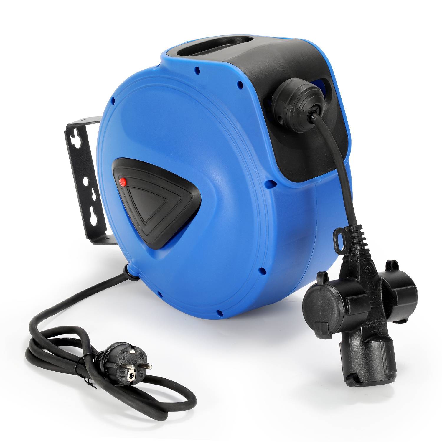 Eine blaue einziehbare Kabelrolle mit europäischem Stecker und Wandhalterung, die für effiziente Kabelspeicherung und einfachen Zugriff konzipiert ist.