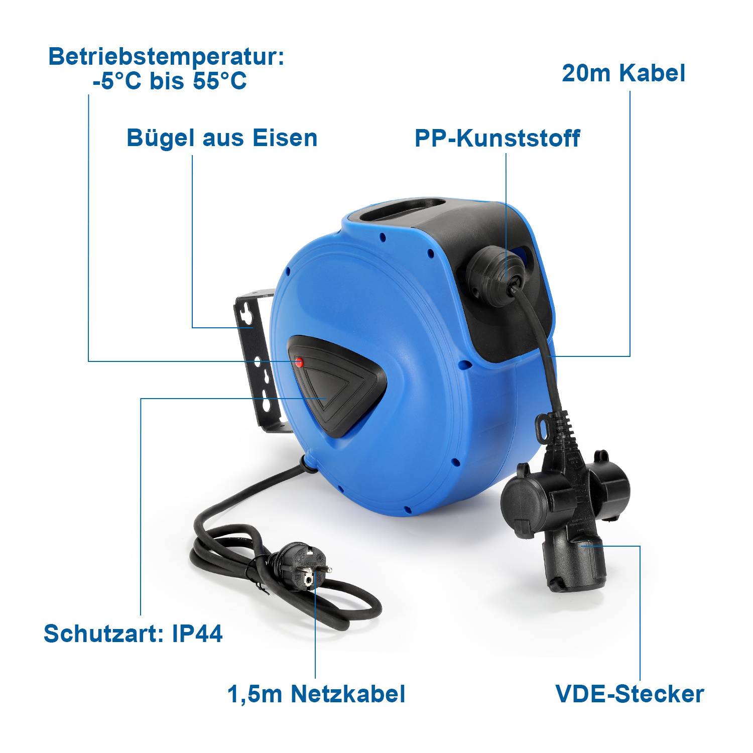 Blauer automatischer Kabelaufroller mit 20m Kabel, Betriebstemperatur von -5°C bis 55°C, Eisenbügel, PP-Kunststoff, IP44-Schutz, 1,5m Netzkabel, VDE-Stecker.