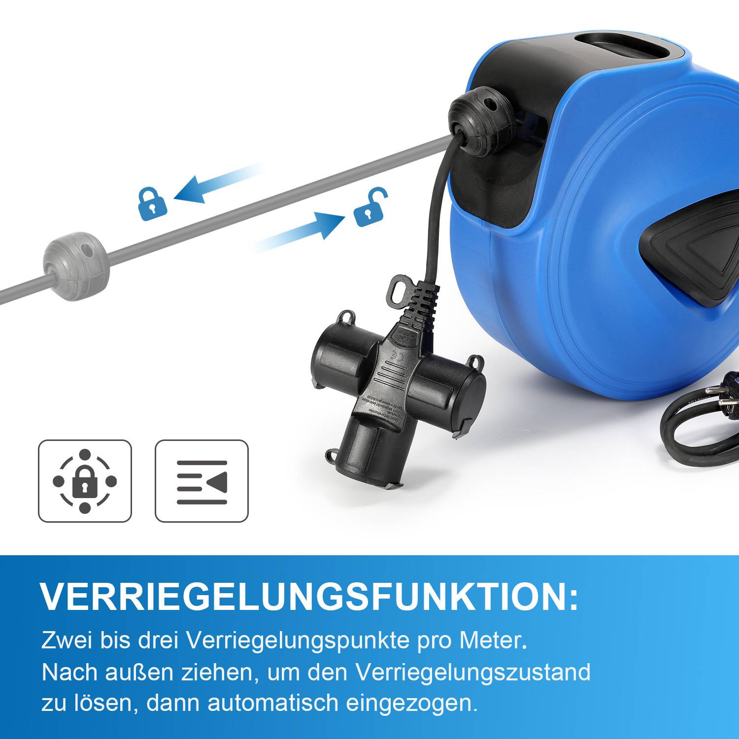 Blauer einziehbarer Schlauchrollen mit Verriegelungsmechanismus. Pfeile zeigen, dass der Schlauch herausgezogen und verriegelt oder automatisch eingefahren werden kann. Deutscher Text beschreibt Verriegelungsfunktion.