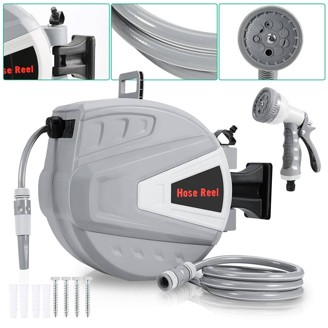 Grauer automatischer Gartenschlauchtrommel mit Wandhalterung; inklusive Sprühbrause, Befestigungsschrauben und Schlauchanschlüssen, ideal für den Außeneinsatz.