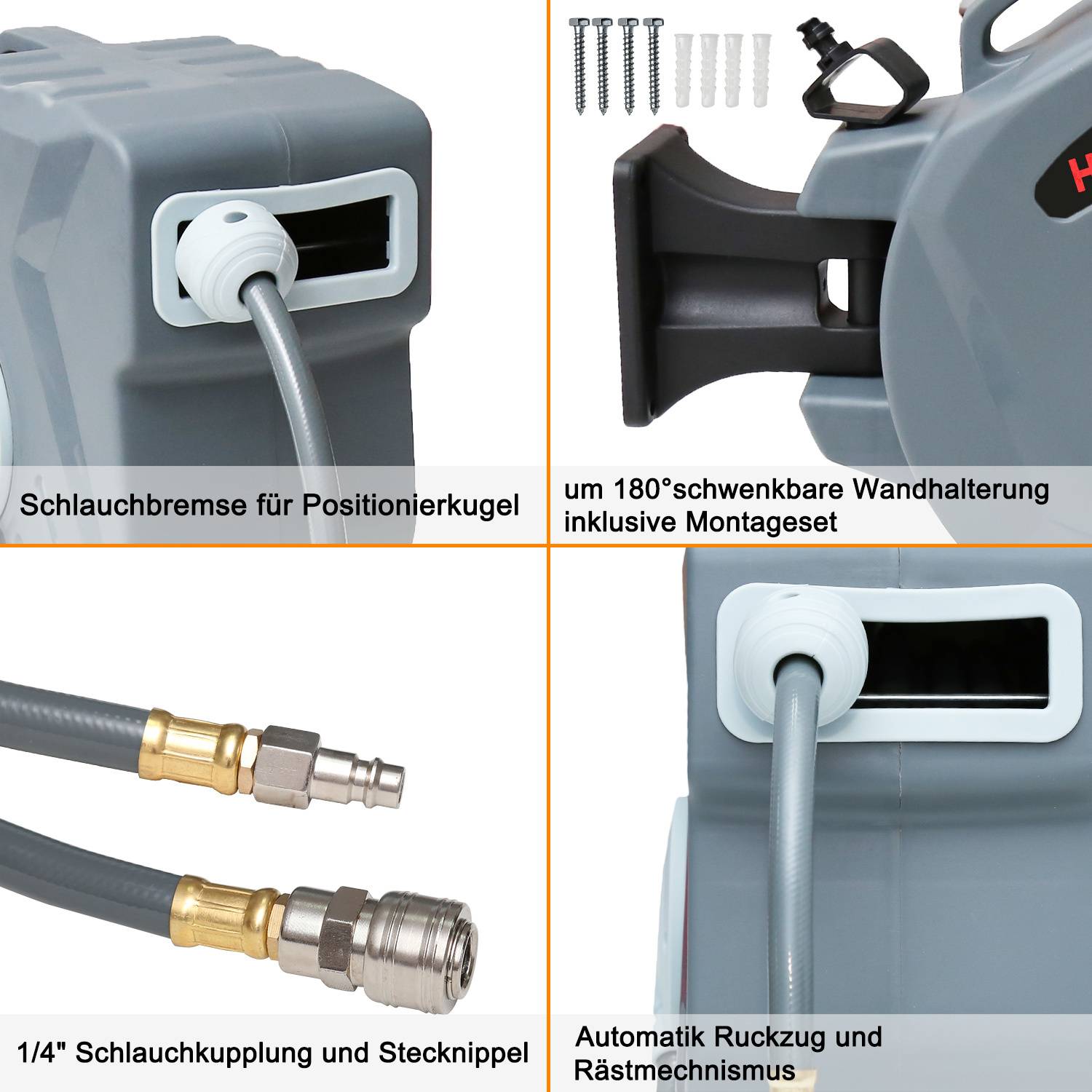 Vier-teiliges Produktbild zeigt eine Schlauchrolle mit automatischem Schlaucheinzug, 180°-Drehwandhalterung und 1/4-Zoll-Schlauchanschluss mit Stecknippel.