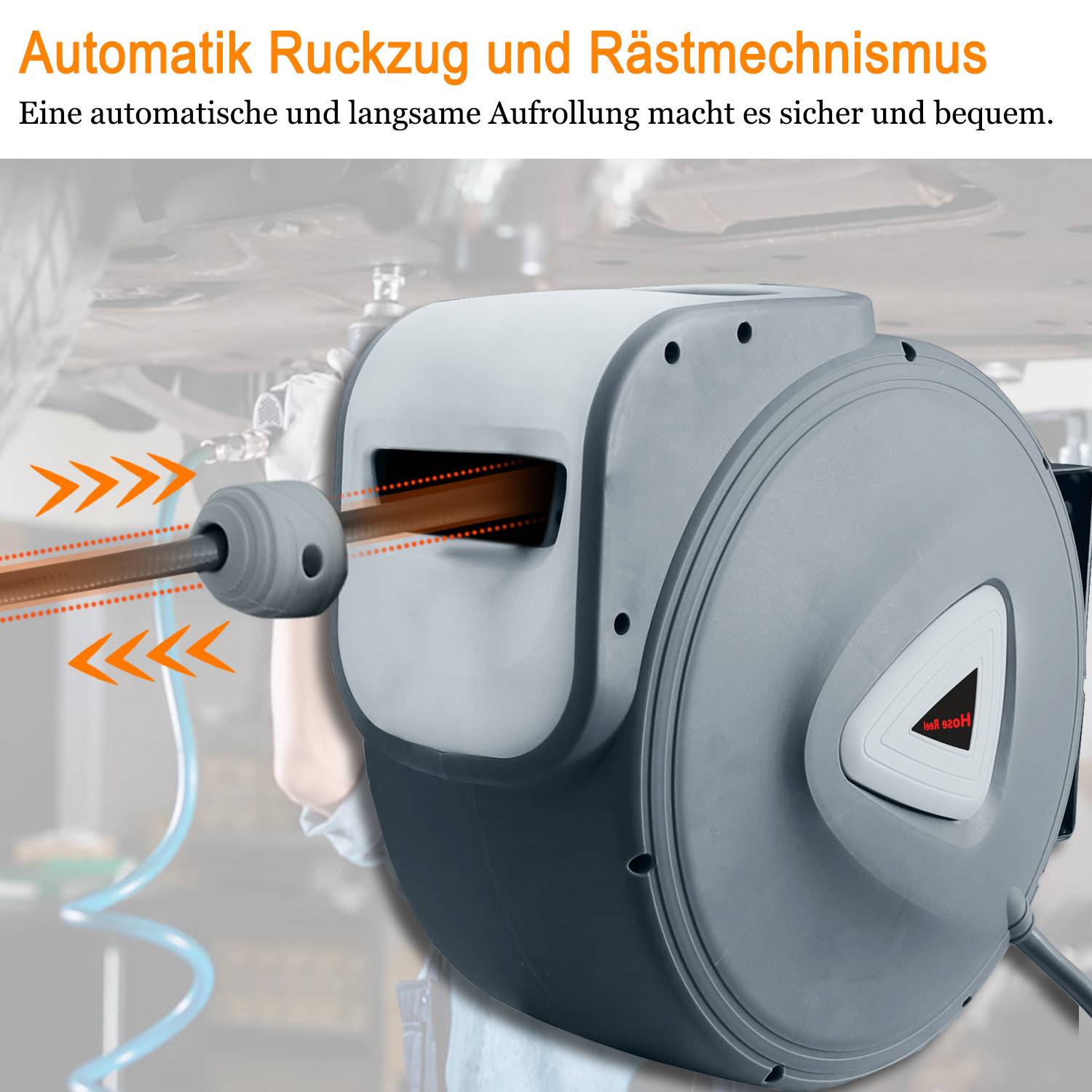 Eine Nahaufnahme einer einziehbaren Kabelrolle mit Pfeilen, die eine automatische Einziehung und gleichmäßiges Wickeln betonen, wobei Sicherheit und Benutzerfreundlichkeit hervorgehoben werden.