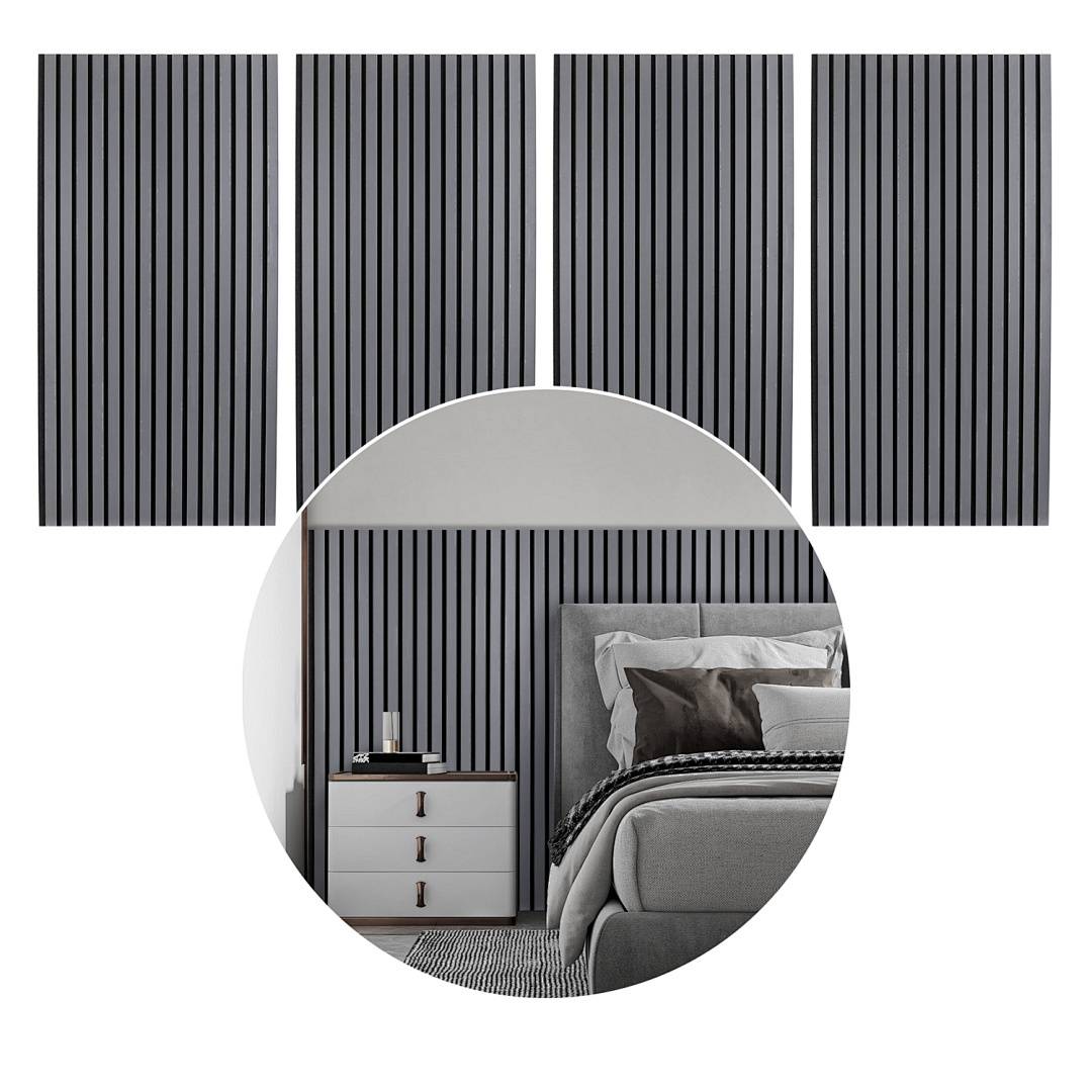 Ein Schlafzimmer mit einem Bett, dessen Kopfteil schwarze Streifen aufweist. Ein passendes Panel hängt über einem Nachttisch mit einer Lampe und Büchern.