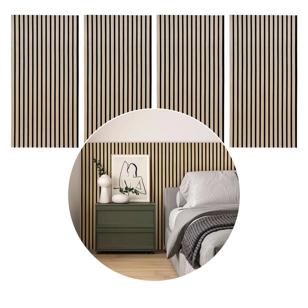 Ein modernes Schlafzimmer mit vertikalen gestreiften Wandpaneelen, einem grünen Nachttisch, minimalistischer Dekoration einschließlich einer Pflanze und abstrakter Kunst sowie einem Bett.