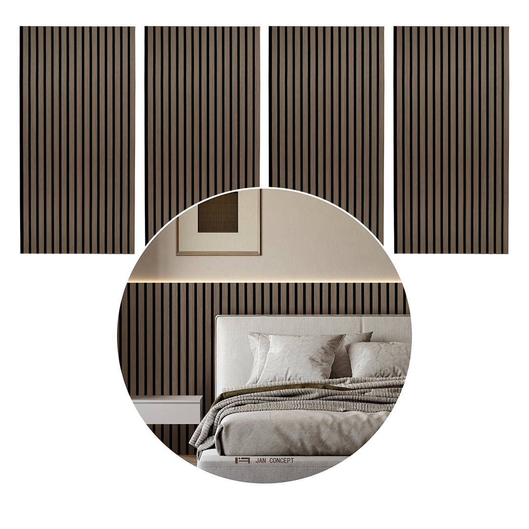 Ein modernes Schlafzimmer mit einer großen kreisrunden Einblendung, die ein Bett mit weißen Kissen und einem Kopfteil aus Holzlatten zeigt.