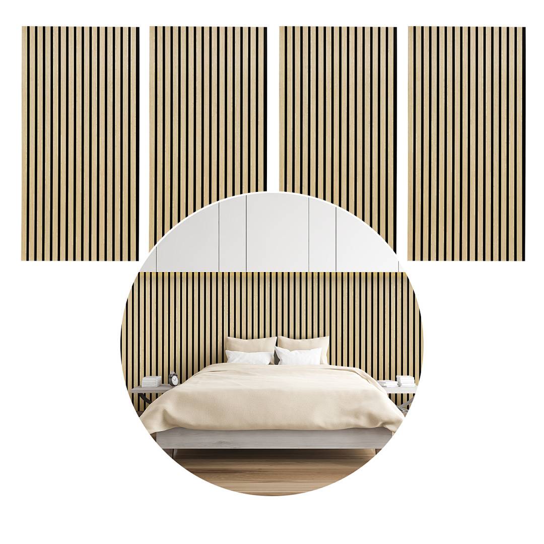 Ein modernes Schlafzimmer mit einem beigen Bett, weißen Kissen und einer Akzentwand aus Holzlamellen.