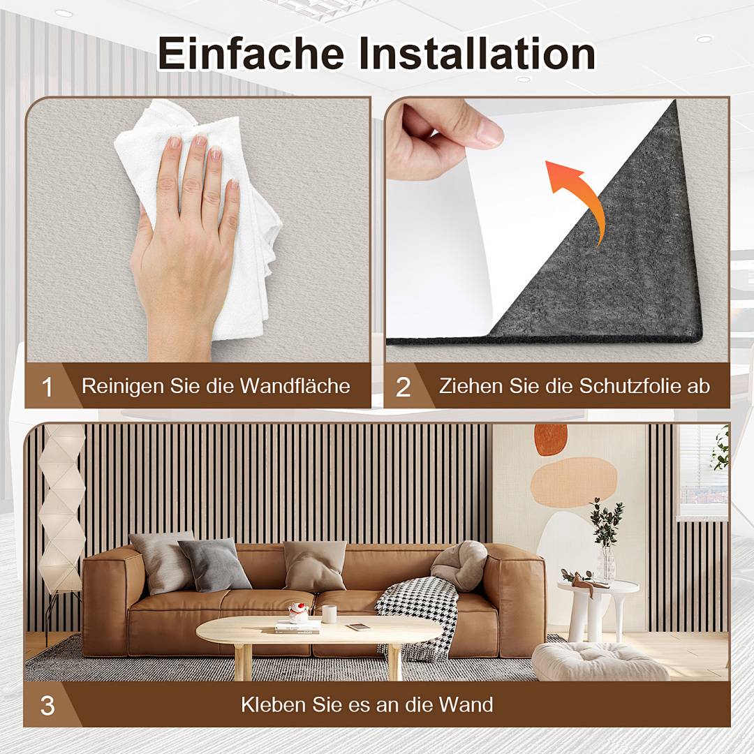 Schritte für eine einfache Wandinstallation: 1. Wandoberfläche reinigen. 2. Rückseitige Abdeckung entfernen. 3. An der Wand befestigen. Bilder zeigen Reinigung, Abziehen und Anbringen.