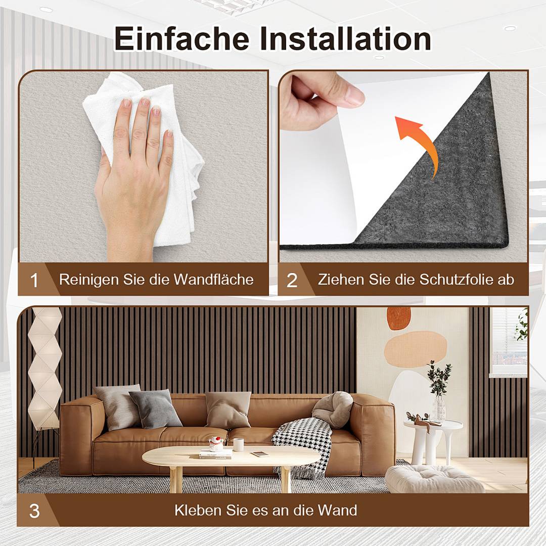 Einfache Installationsschritte: Wand mit einem Tuch reinigen, Schutzschicht vom Klebstoff entfernen, an der Wand befestigen; Wohnzimmerkontext wird dargestellt.