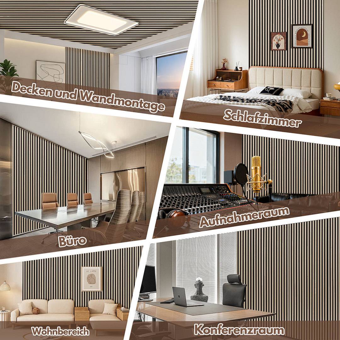 Das Bild zeigt verschiedene Räume mit gestreiften Wandpaneelen: ein Schlafzimmer, ein Büro, einen Wohnbereich, ein Aufnahmestudio und einen Konferenzraum.