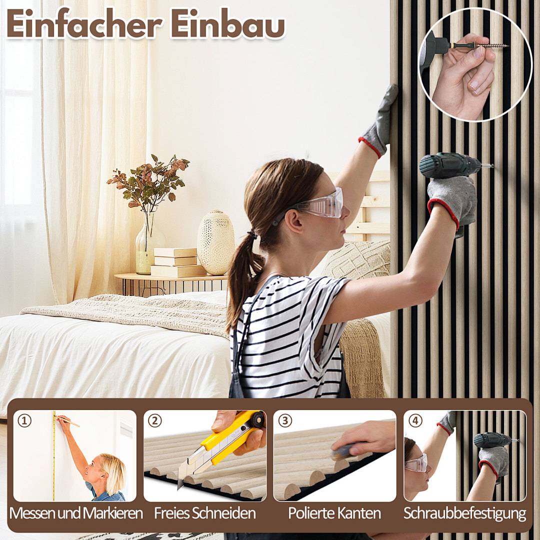 Eine Person mit Sicherheitsausrüstung, die dekorative Wandpaneele installiert, mit unten gezeigten Schritten: Messen, Schneiden, Polieren der Kanten und Befestigen mit Schrauben. Deutscher Text liest: 'Einfacher Einbau.