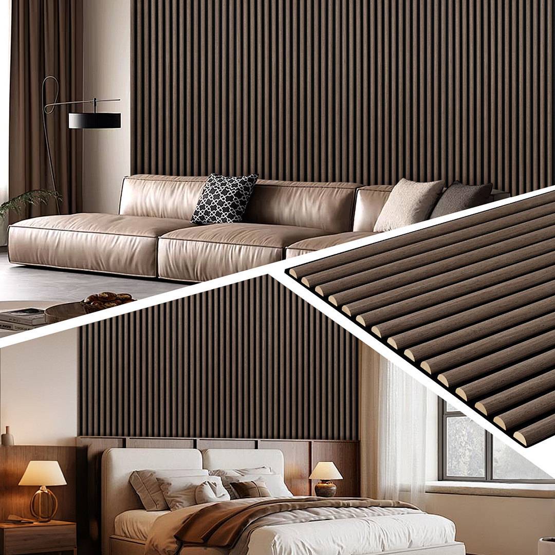 Geteiltes Bild, das modernes Innendesign zeigt: ein Wohnzimmer mit gestreifter Wand und Ecksofa sowie ein Schlafzimmer mit ähnlicher Ästhetik.